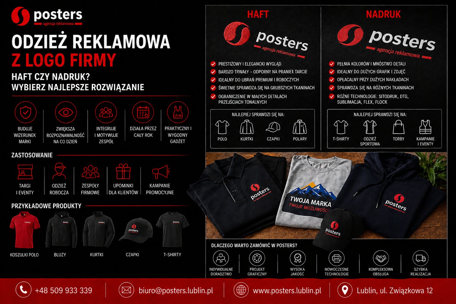 Odzież reklamowa z logo firmy – kiedy warto postawić na haft, a kiedy na nadruk